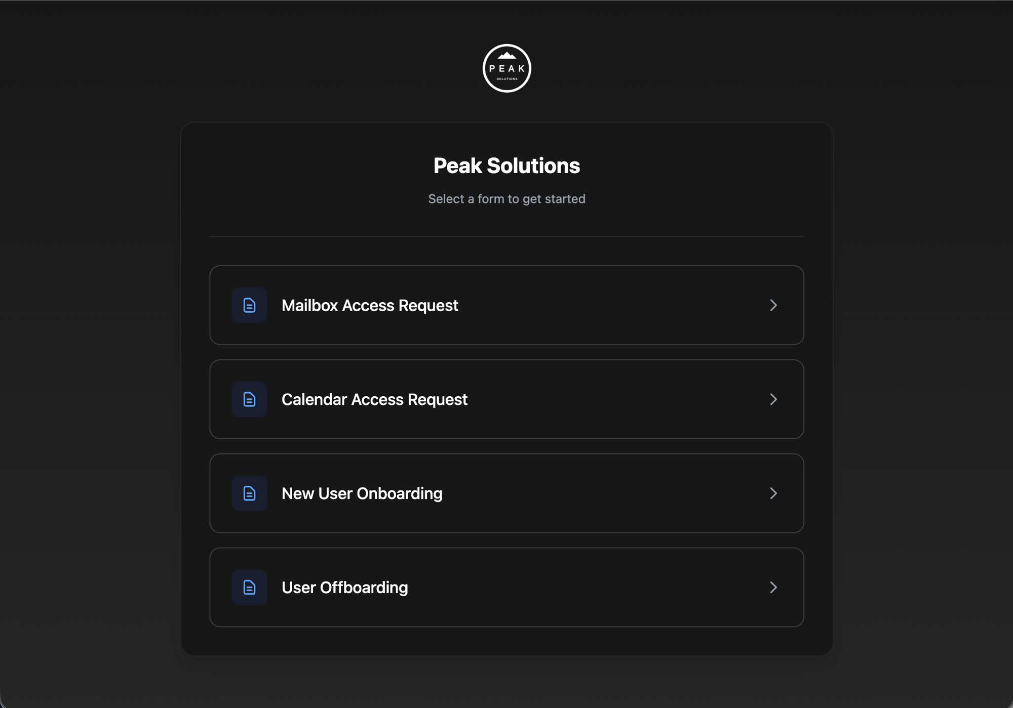 A white-labelled Triggr Core client portal branded 'Peak Solutions', listing self-service forms: Mailbox Access Request, Calendar Access Request, New User Onboarding and User Offboarding.